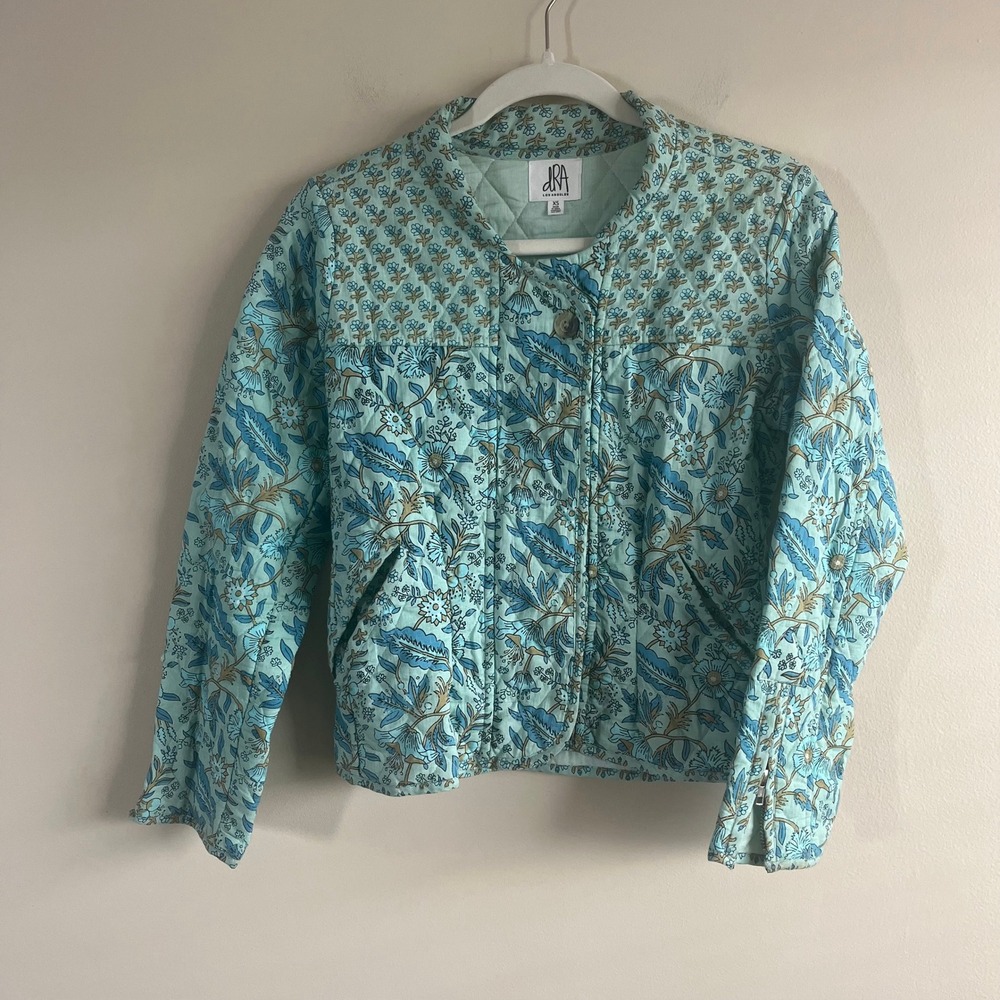 dRA Los Angeles Quilted Floral Block Print Cotton Jacket Aqua Blue XS